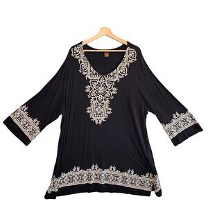 Multiples Mini Dress Tunic Black White Embroidery Print Bubblegum Cowgirl Sz 3X